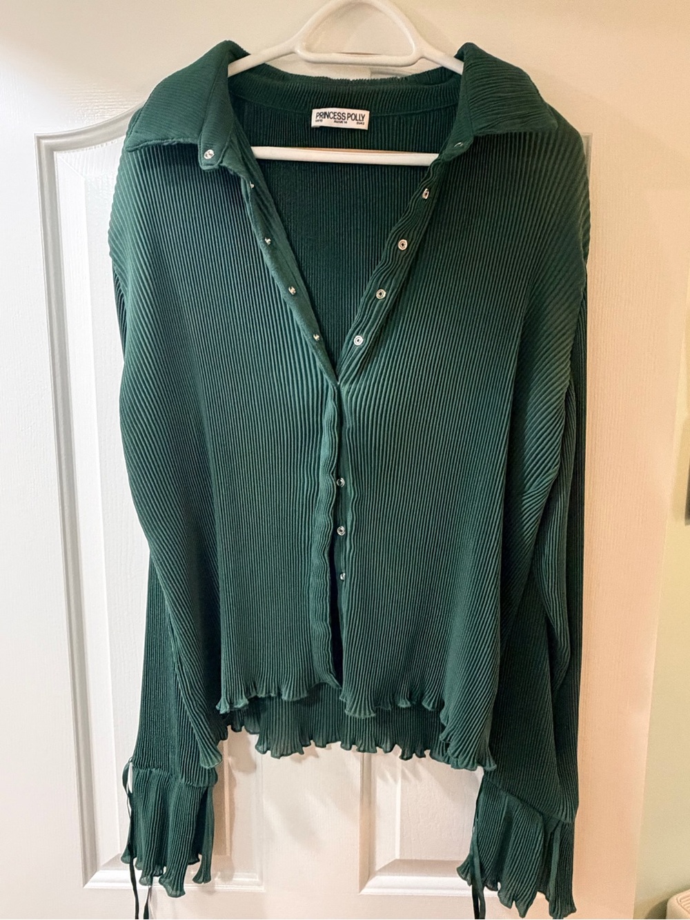 Princess Polly Dark Green Ribbed Snap-Front Button Down Top